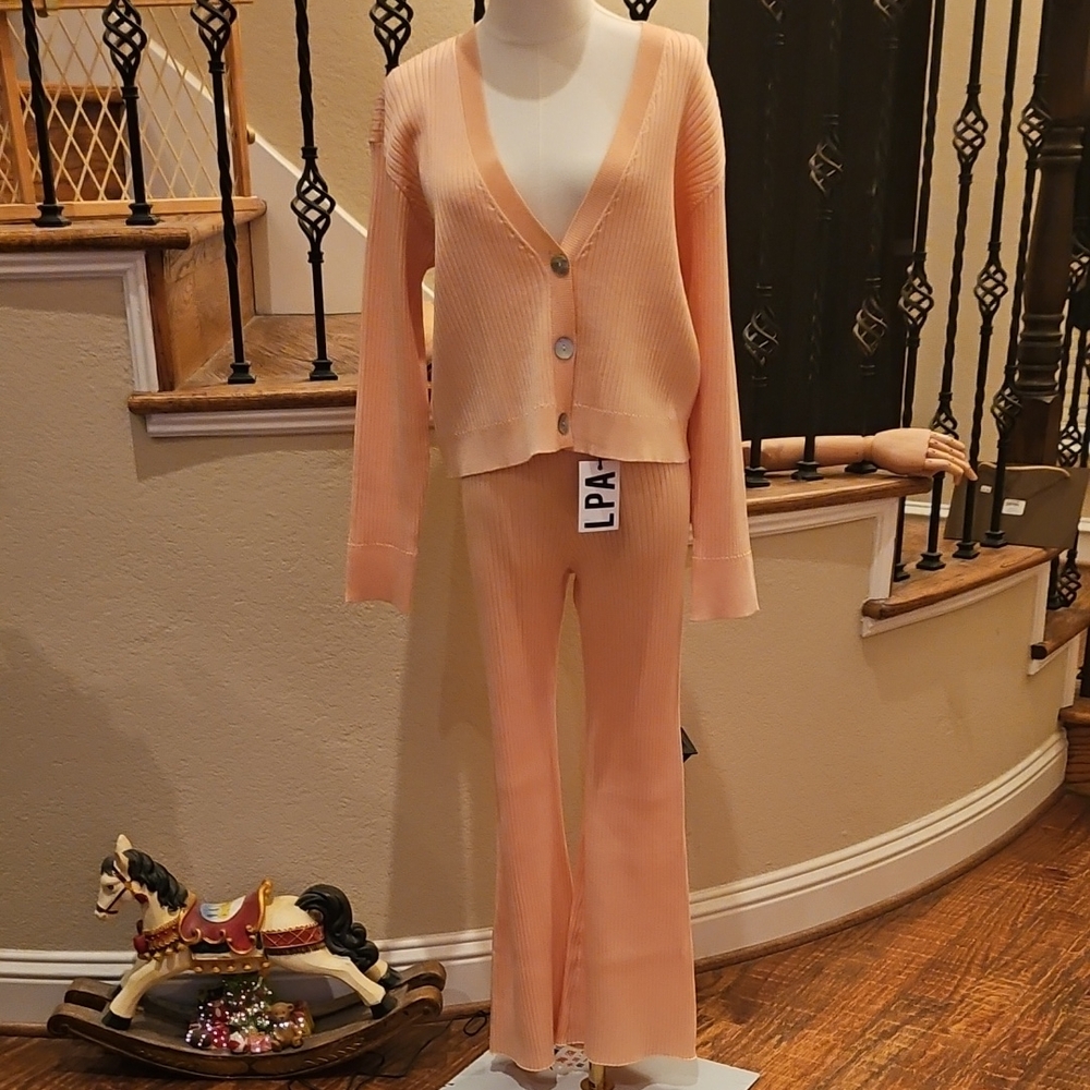 LPA Women's Peach Ribbed Flare Pants & Cardigan